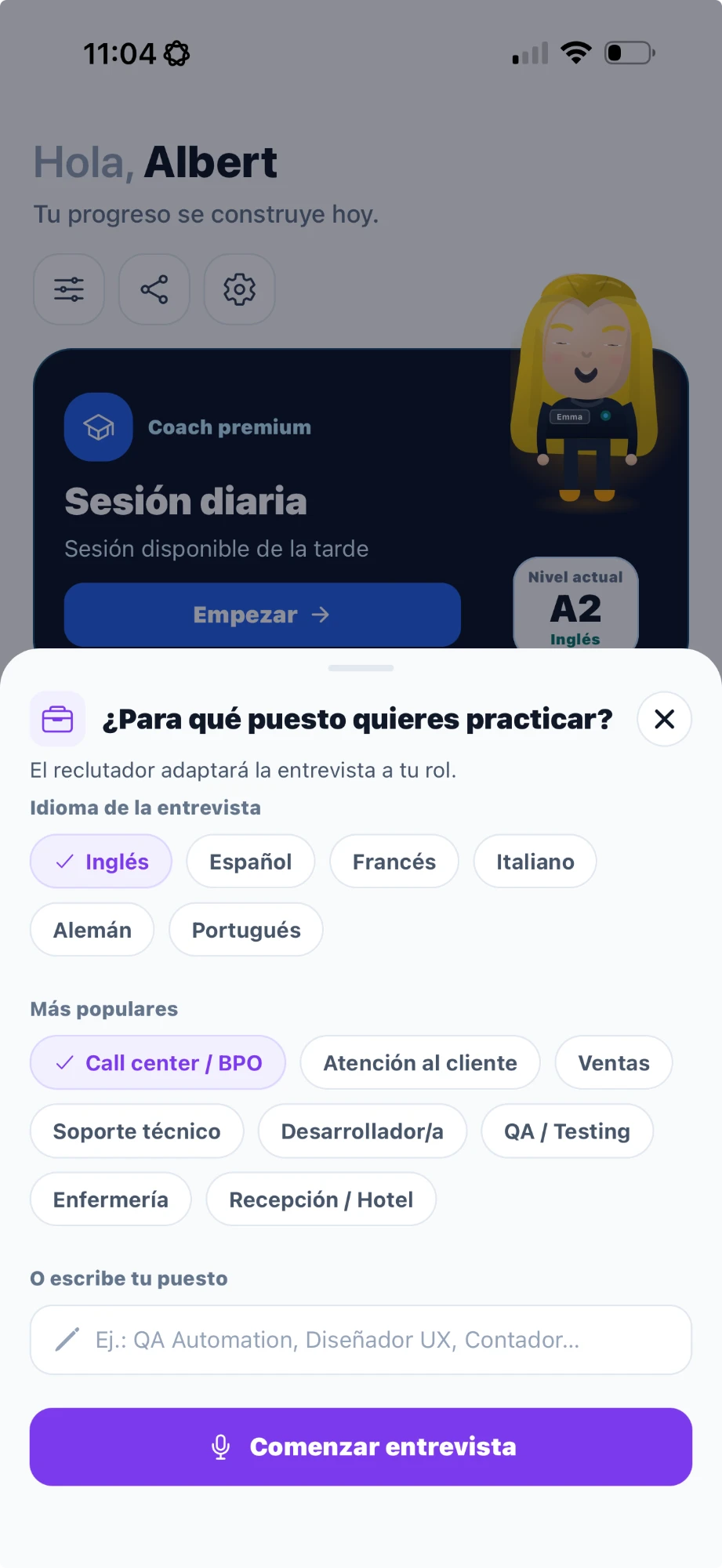 Modo Entrevista de FluentIA: eliges el idioma de la entrevista y el puesto, como call center, ventas o soporte técnico